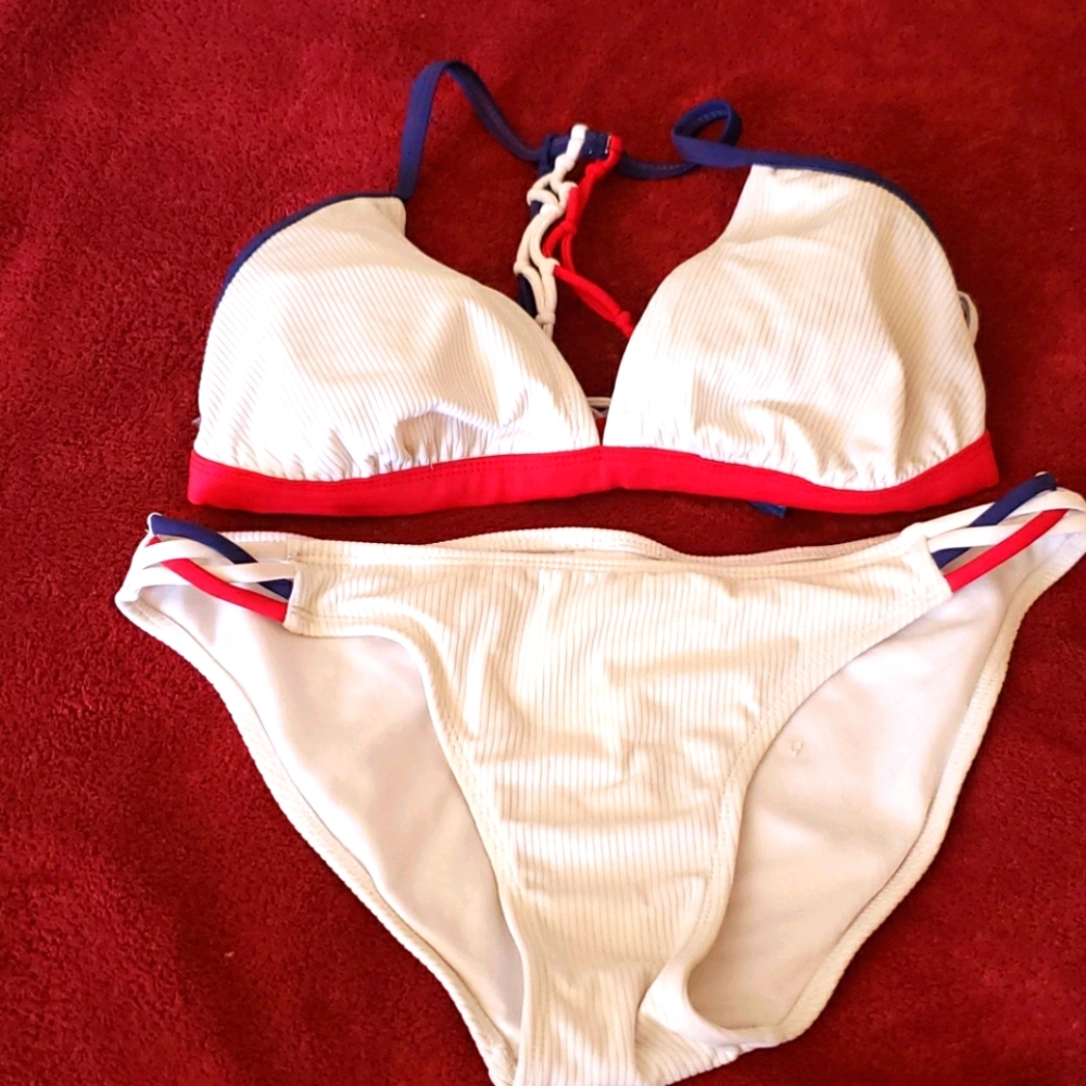 White Bikini with Blue and Red on strap Size L